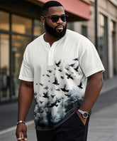 Men's Plus Size Daily Casual Gradient Forest Bird Print Henley Collar Button Short Sleeve T-Shirt